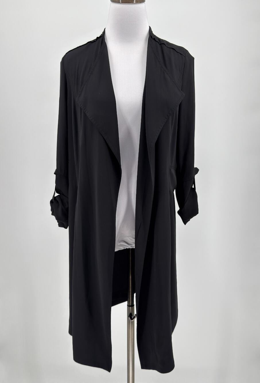 Aritzia Babaton Quincey Black Flowy Open Front 3/4 Sleeve Trench Jacket Sz XS